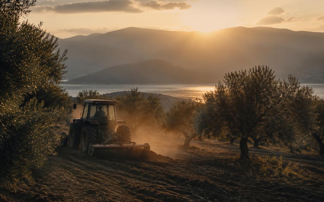 Illustrative image: tractor working an olive grove at dusk