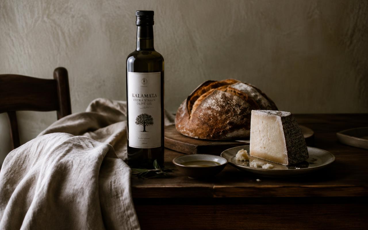 Illustrative image: olive oil bottle, bread and cheese on a wooden table