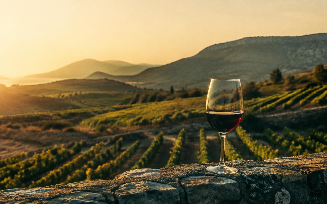 Illustrative image: vineyard terraces at sunset with a glass of red wine